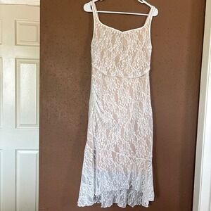 Soly Hux Women White Floral Lace Midi Dress Nude Lining Ruffle Hem Size L